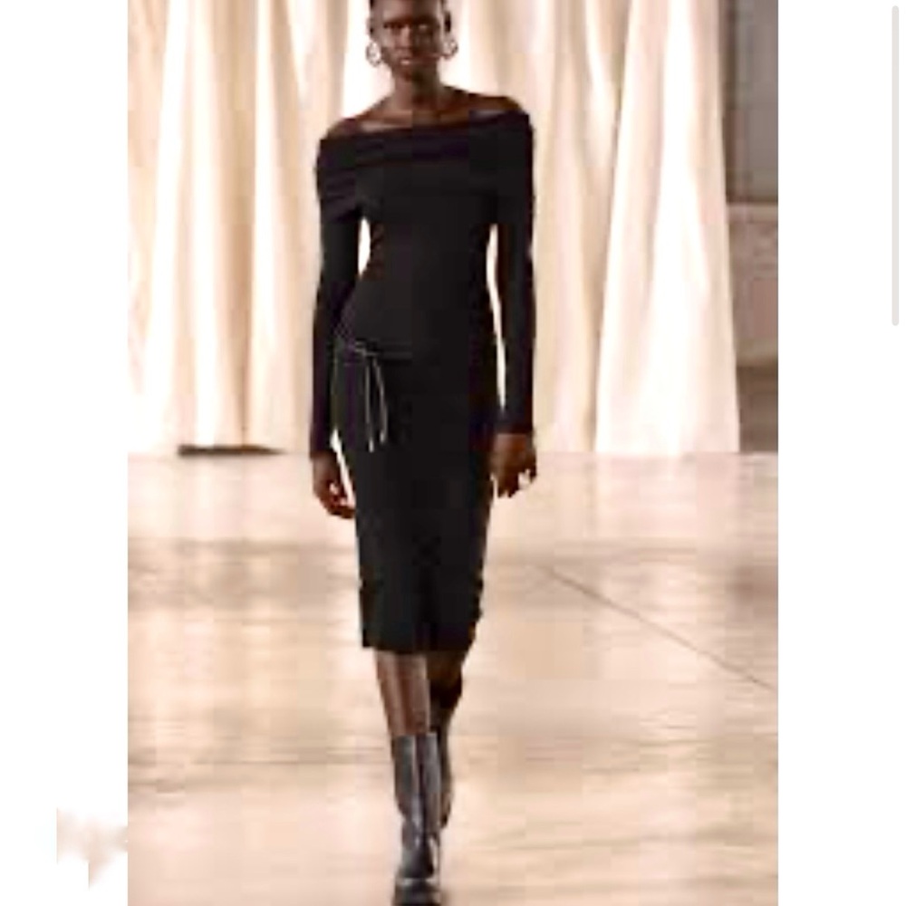 ZARA Off Shoulder Strapless Long Sleeve Soft Knit Midi Dress NEW - S